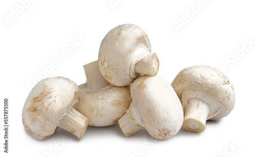 Heap of raw champignon mushrooms on white background