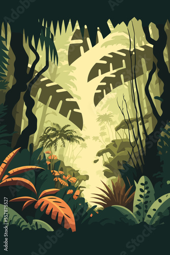 Jungle background Vector flat color cartoon illustration. Bright jungle in the morning