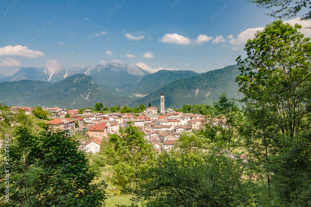 Top view of Fusea village surrounding mountain landscape in Friuli Venezia Giulia, Italy