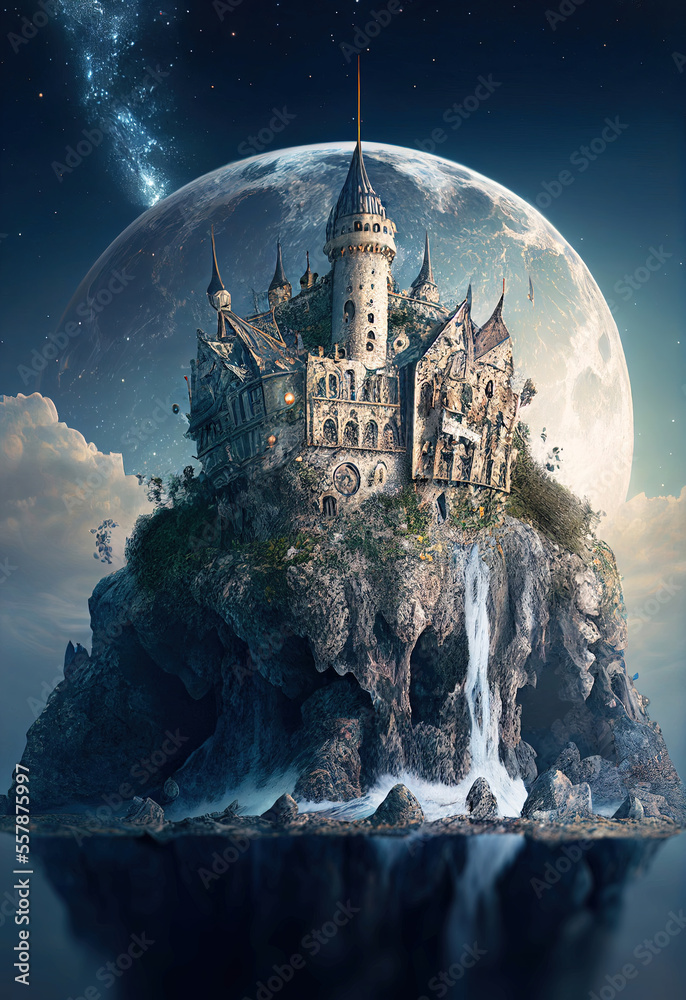 Medieval castle on piece of rocky land with waterfall and large moon ...