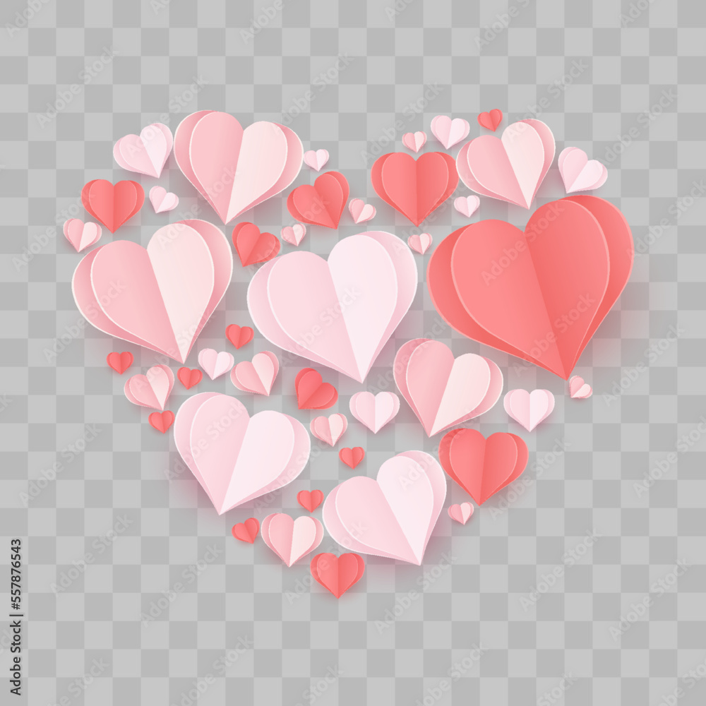 Paper flying hearts isolated on transparent background. Love symbol for Happy Women's, Mother's, Valentine's Day and birthday celebration. Vector illustration isolated on png.