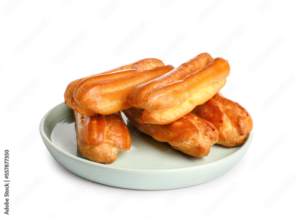 Plate with tasty eclairs isolated on white background Plate with tasty eclairs isolated on white background