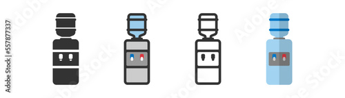 Water cooler icon on white background. Water dispencer in outline, flat and colored styles. Blue water cooler with full bottle. Flat design.