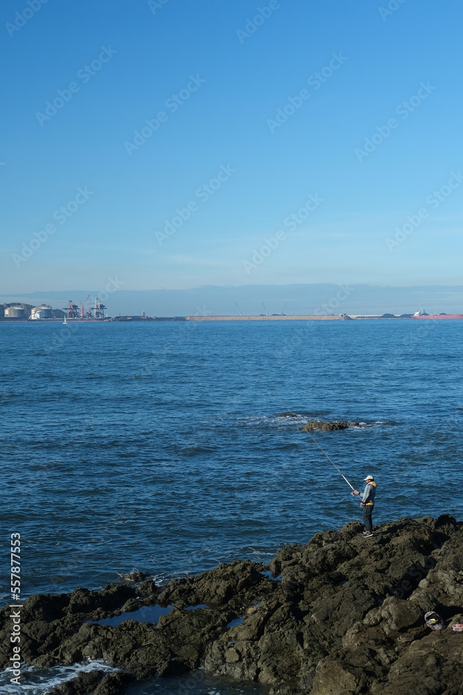 lonely fisherman stands and fishes with a fishing rod, catches fish on a rocky sea shore
