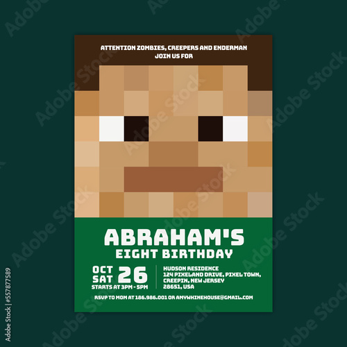 Pixel Birthday Invitation For Kids, Minecraft themed birthday invite for boys, Game Birthday Party Invite