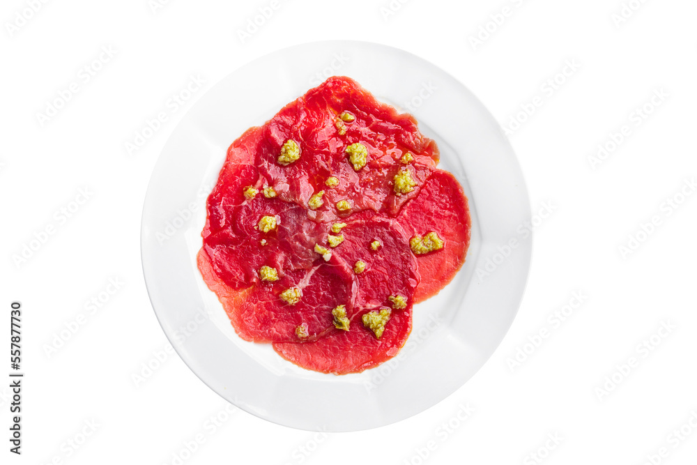 carpaccio spice meat raw appetizer olives, beef thin slices fresh healthy meal food snack on the table copy space food background rustic top view carpaccio spice meat raw appetizer olives, beef thin slices fresh healthy meal food snack on the table copy space food background rustic top view