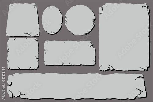 Set of Simple Stone tablet, rock banner with cracked elements in cartoon style isolated. Grey frame, block boulder for interface ui games.