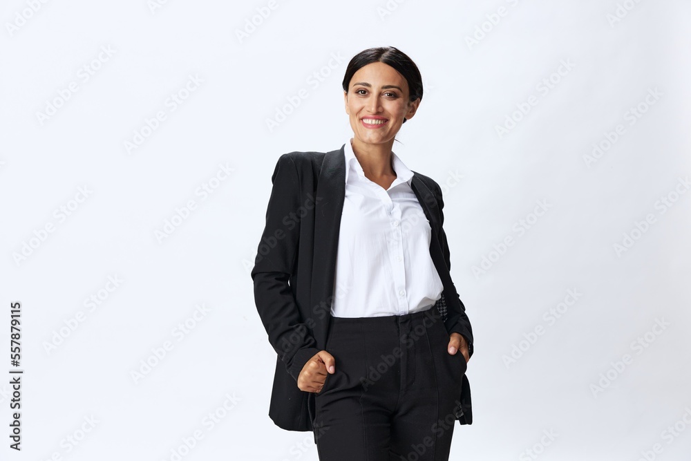 Business woman in black business suit shows signals gestures and emotions on white background, freelancer job online time management, teacher science Business woman in black business suit shows signals gestures and emotions on white background, freelancer job online time management, teacher science