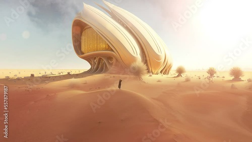 Visualisation of Futuristic building in the desert. Aerial back view of Arabic woman in black dress looks on the modern building. photo