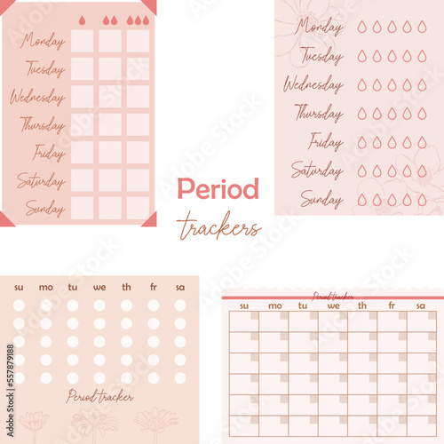 Period trackers. Digital stickers for bullet journaling or planning. Ready to use digital stickers for planner. Woman's health tracker. Vector art.