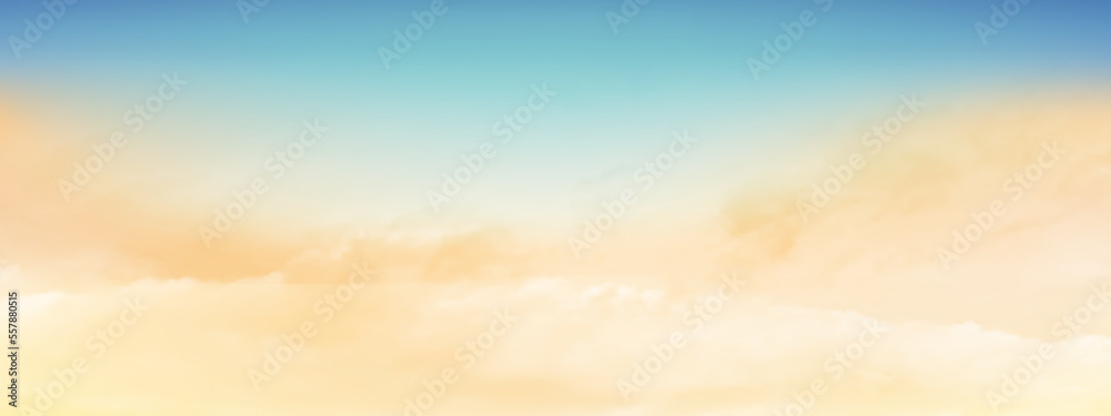 Blue sky and white soft clouds floated in the sky on a clear day. Beautiful air and sunlight with cloud scape colorful. Sunset sky for background. Blue to yellow sky vector illustration.