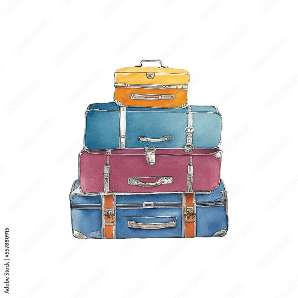 suitcase stack hand drawn with watercolor painting style illustration