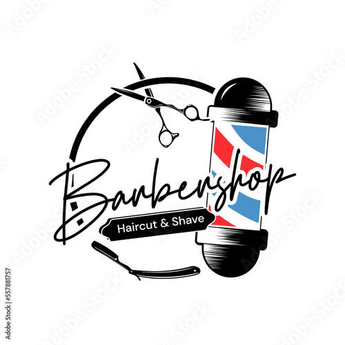 Barbershop logo vintage classic style, salon fashion haircut pomade badge icon simple minimalist modern, barber pole razor shave scissor razor blade retro symbol vector