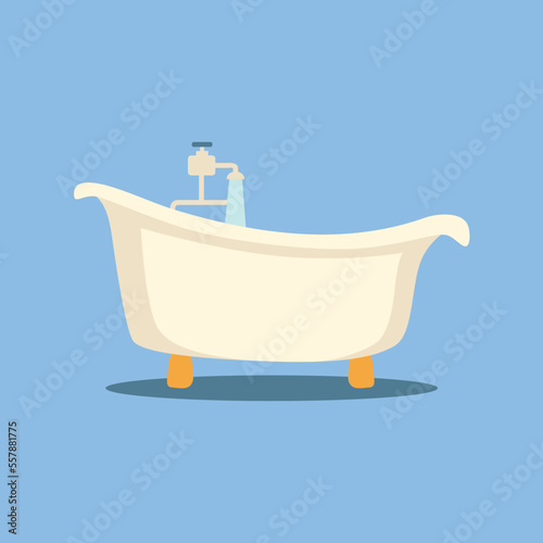 White bathtub with water running in bathroom. Vintage bath on blue background