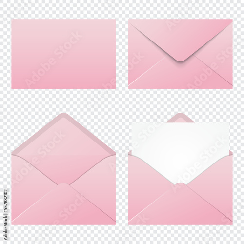 Set of realistic pink envelopes mockup. Realistic pink envelopes in different positions. Folded and unfolded envelope mockup. Vector illustration