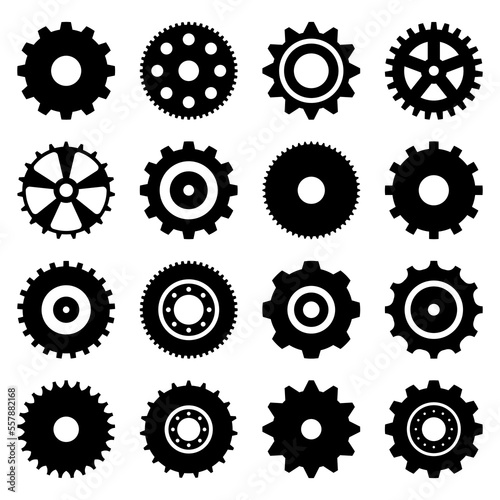 Gear setting vector icon set. Isolated black gears mechanism and cog wheel. Progress or construction concept. Simple Gear wheel collection. Vector illustration