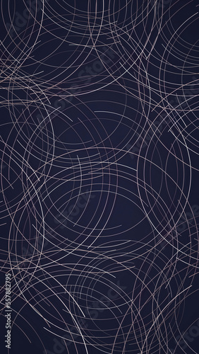 Composition of circles on dark background. Abstract light tangled narrow lines on monocrome background. Animation. Straight white stripes appear and multiply forming beautiful pattern.
