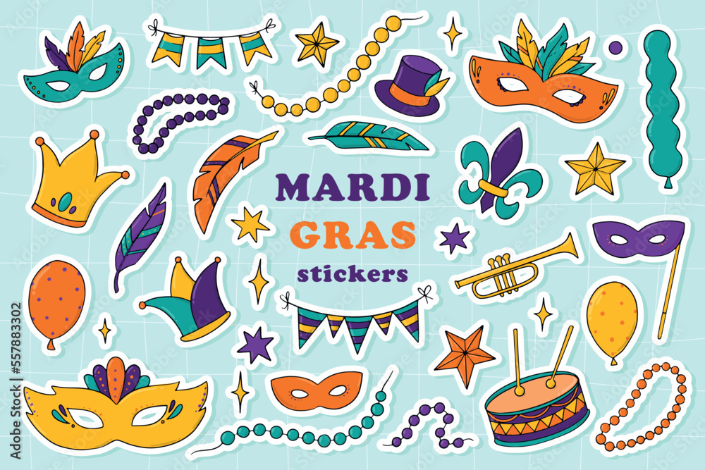 Set of Mardi Gras stickers, clip art, decorative elements isolated on blue background. Good for greeting cards, prints, posters, magnets, sublimation, etc. EPS 10 Set of Mardi Gras stickers, clip art, decorative elements isolated on blue background. Good for greeting cards, prints, posters, magnets, sublimation, etc. EPS 10