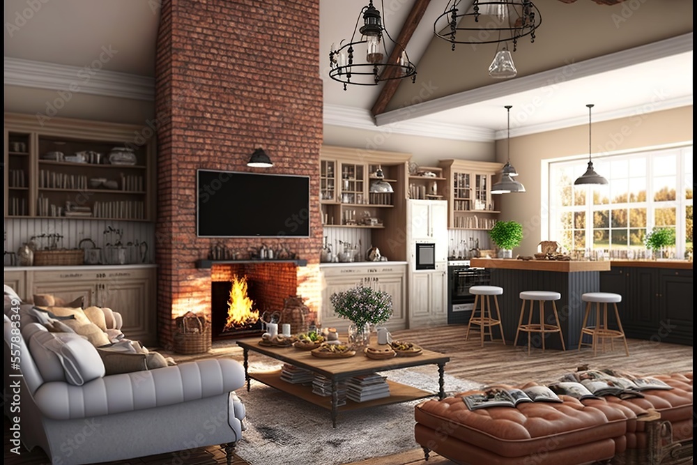 Spacious living room and kitchen interior in rustic and scandinavian style