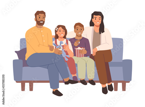 Happy family sitting on sofa together, spending time at home. Mom, dad, son and daughter are smiling while sitting on couch. Happiness and love, home comfort. Flat cartoon vector illustration
