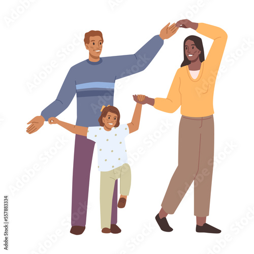 Smiling family dancing having fun together vector flat cartoon illustration. Happy active people, mather, parents and daughter have fun. Joyful parents and kids demonstrate dance movements