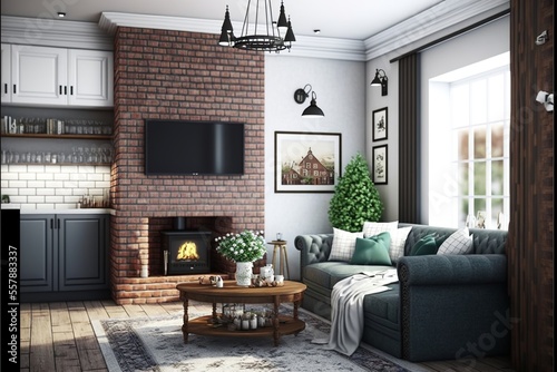 Nordic style living room interior with brick wall and fireplace