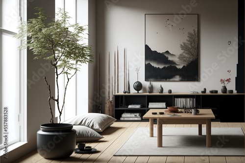 Modern interior japandi style design livingroom, lighting and sunny Scandinavian apartment photo