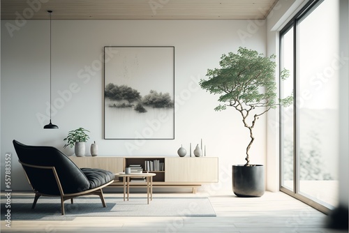 Scandinavian and japandi living room interior with plants photo