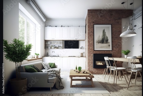 Nordic style living room with kitchen interior , brick wall