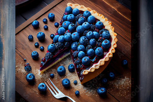 Blueberry tart on blue wooden background sweet food