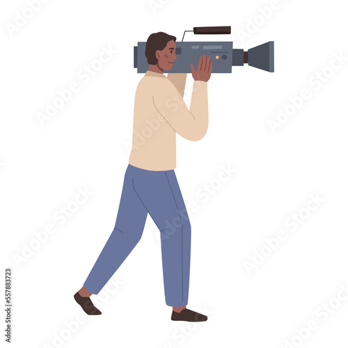 Cameraman with camera on shoulder shooting video. Videography and movie production, TV-operator or videographer with professional studio equipment, flat cartoon character vector illustration