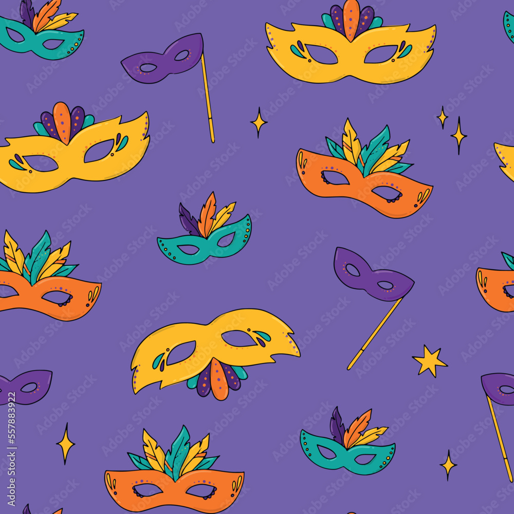 Mardi gras and carnival seamless pattern with decorative hand drawn masks for wallpaper, scrapbooking, stationary, wrapping paper, textile prints, etc. EPS 10 Mardi gras and carnival seamless pattern with decorative hand drawn masks for wallpaper, scrapbooking, stationary, wrapping paper, textile prints, etc. EPS 10