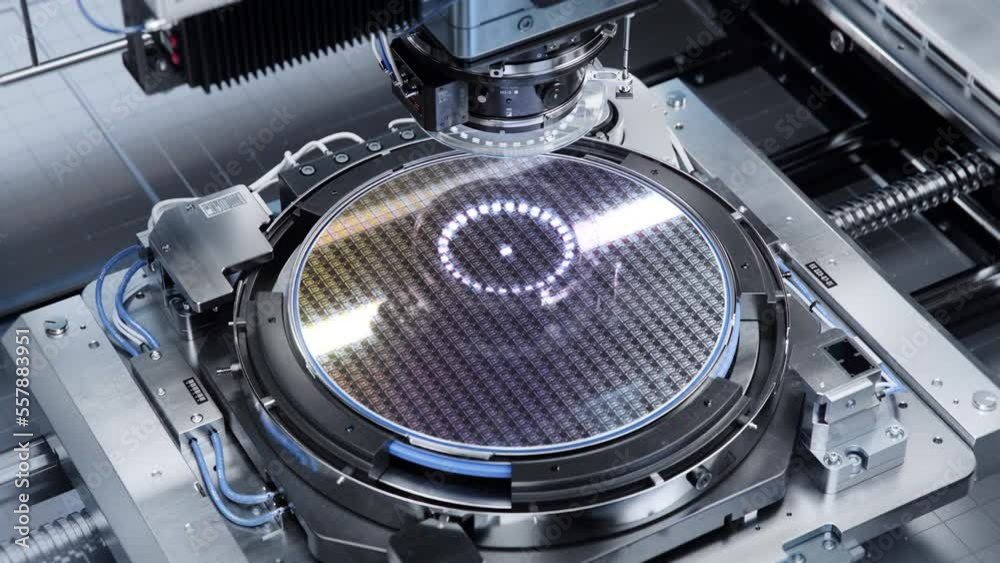 Silicon Wafer during Photolithography Process inside Complex Computer Chip Production Machine. Semiconductor Manufacturing at Modern Fab or Foundry.