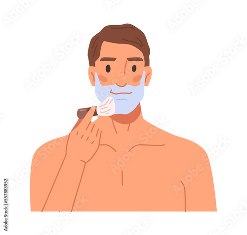 Beauty routine, hygiene and care for facial growth. Isolated man applying pre shave gel or mousse with brush, smooth and soft lotion. Flat cartoon character vector