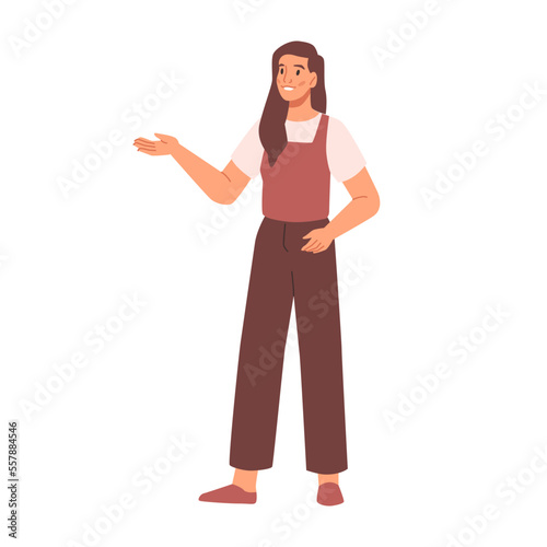 Female pointing at something by hand, showing and introducing product with fingers gesture. Vector illustration of cartoon woman shows presentation, promotion and advertisement