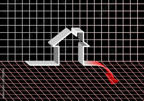 Real estate crash sign. Housing market recession. Stocks bear market ahead. Graph dark background. Vector illustration.