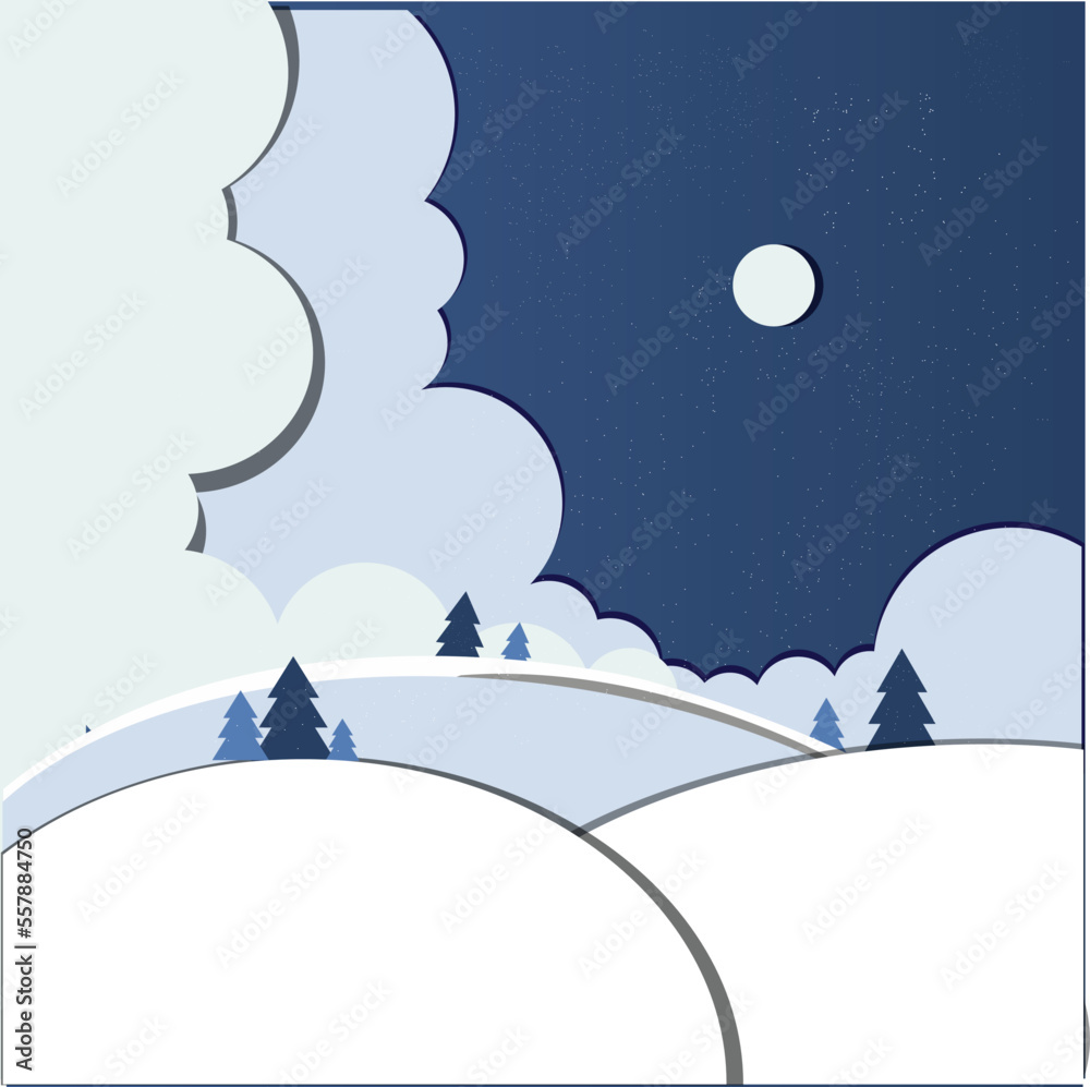 winter landscape with the moon, mountains, and trees