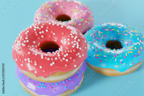 Colorful sweet donut desserts with sprinkles, 3d rendering