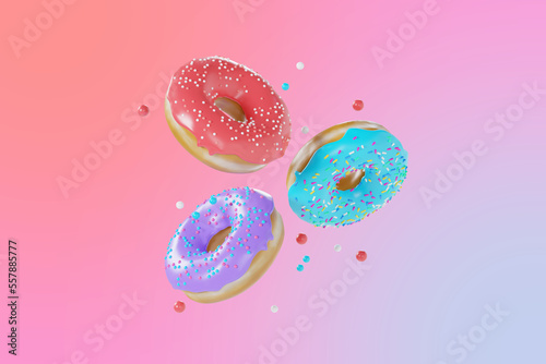 Colorful sweet donut desserts with sprinkles, 3d rendering