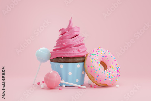 Colorful sweet donut cupcake desserts, 3d rendering