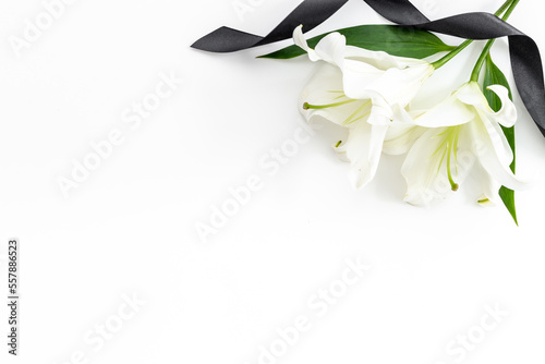 Two white liles flowers with black ribbon. Mourning or funeral background photo