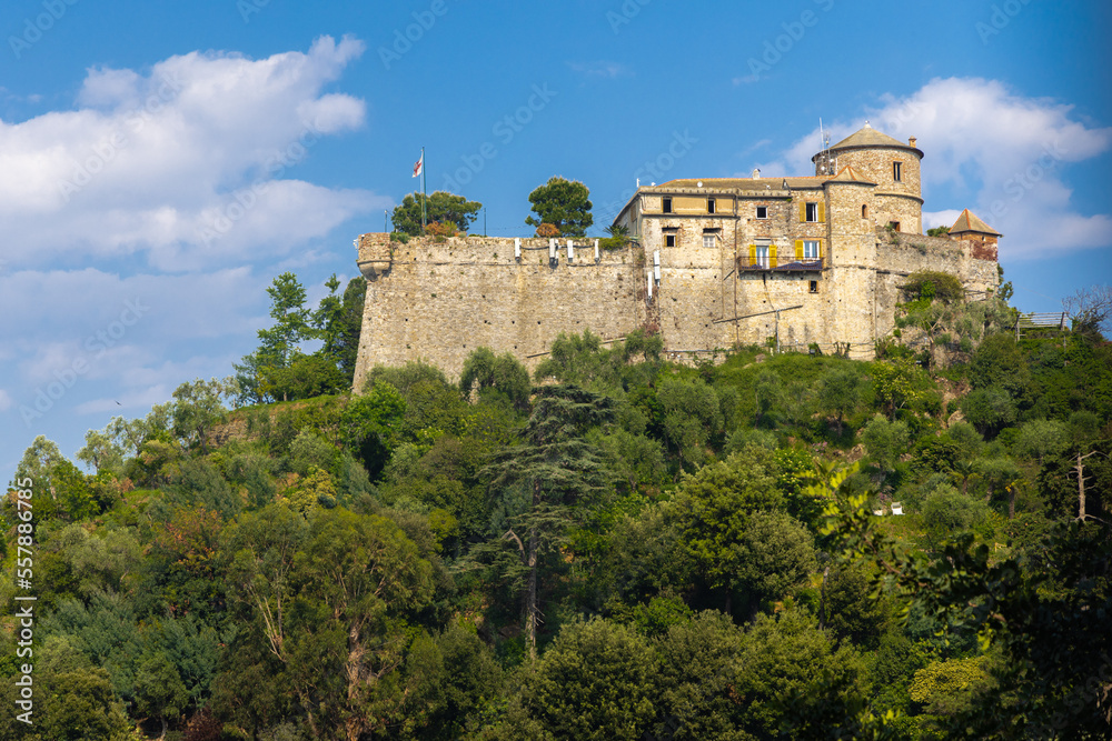 Brown Castle surrounded by green olive trees and plants in the middle of the summer. Castello Brown is a historic house museum located high above the harbour of Portofino, Italy.