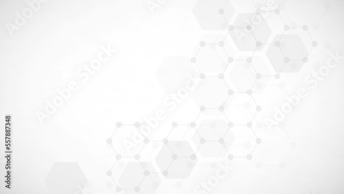 Fototapeta Naklejka Na Ścianę i Meble -  Hexagons pattern on gray background. Genetic research, molecular structure. Chemical engineering. Concept of innovation technology. Used for design healthcare, science and medicine background