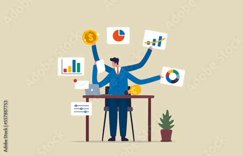 Multitasking with Multiple Arms. self development. productivity and project management skill.  .Office workers perform a variety of tasks. Illustration