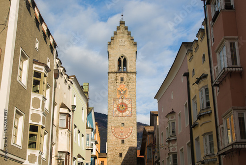 View of Zwölferturm tower in the old medieval town of Sterzing \ Vipiteno, South Tyrol, Italy