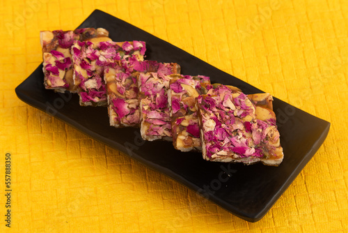 Rose Dry Fruit Chikki Also Called Gulab Til Gajak, Gazak, Gachak Are Sweet Brittle Candy Made Of Gud, Mungfali, Gur, Roasted Peanuts, Gulab Petals, Groundnut In Ghee. Makar Sankranti and Lohri Sweet