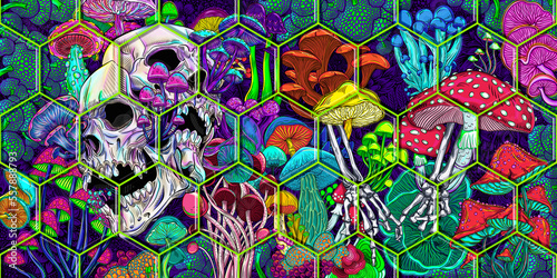 Quadro su tela Abstract colorful background with bright magical psychedelic mushrooms and skulls