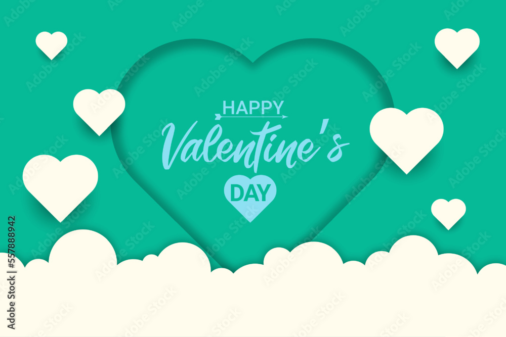 Happy Valentine's day poster or banner. Beautiful paper cut white clouds with green heart frame on green background. Vector illustration. Papercut style. Place for text.