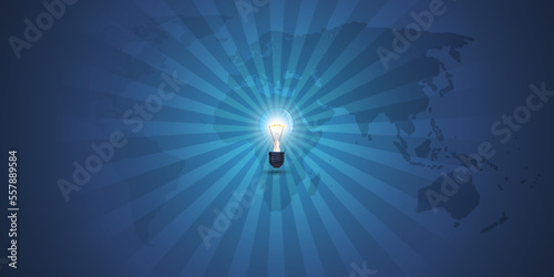 Blue Glowing Radiating Light Bulb,Ideas,Creativity Concept Design Template with Copy Space - Dark World Map Behind a Bulb and Rays of Light Around - Modern Style Illustration in Editable Vector Format