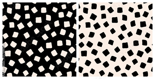 Set of two irregular square geometrical shapes seamless repeat pattern. Random placed, vector rectangles all over surface prints on black and white background.